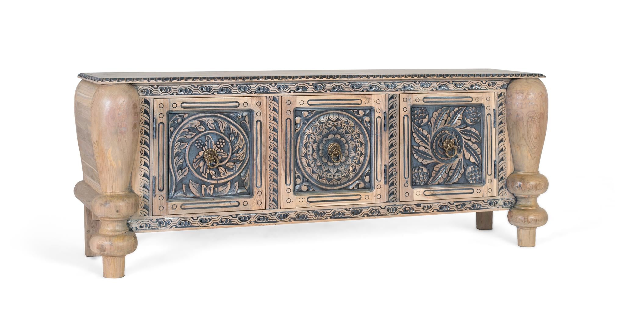 Credenza in teak massello intagli a mano e gambe tornite