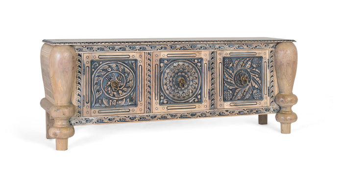 Credenza in teak massello intagli a mano e gambe tornite