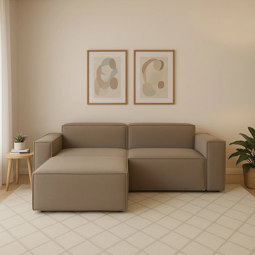 Divano fisso Assurte, Divano componibile a 2 posti large con penisola sinistra, Made in Italy, SofÒ  moderno in tessuto, Cm 240x170h70, Tortora