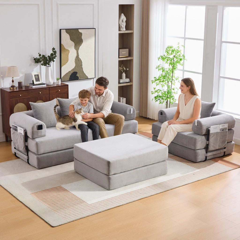 DIVANO modulare in corda grigio chiaro con pouf e cuscini