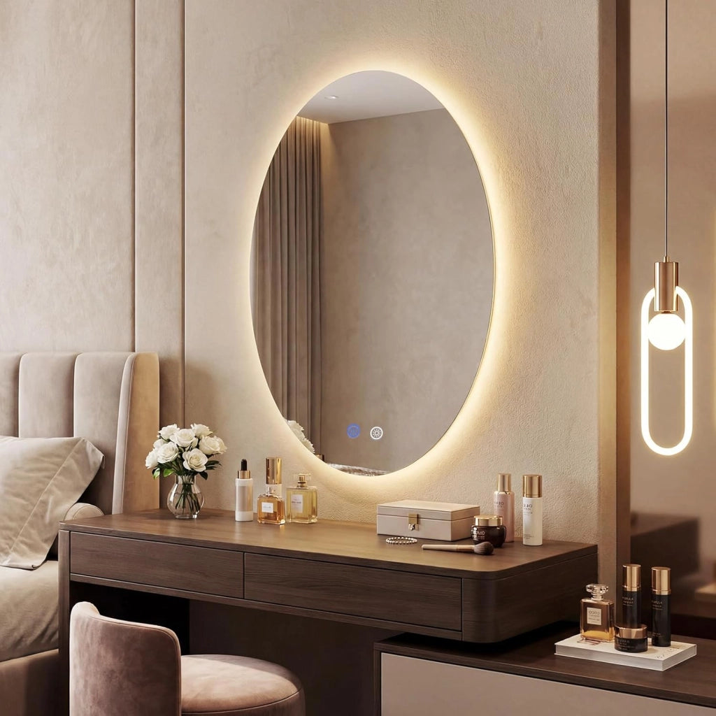 Specchio da Bagno Ovale 70 x 50 CM, Specchio da Toeletta con Luce LED, Antiappannamento, 3 Colori di Luce Dimmerabili, Funzione Memoria e Vetro Temperato Infrangibile per Ingresso