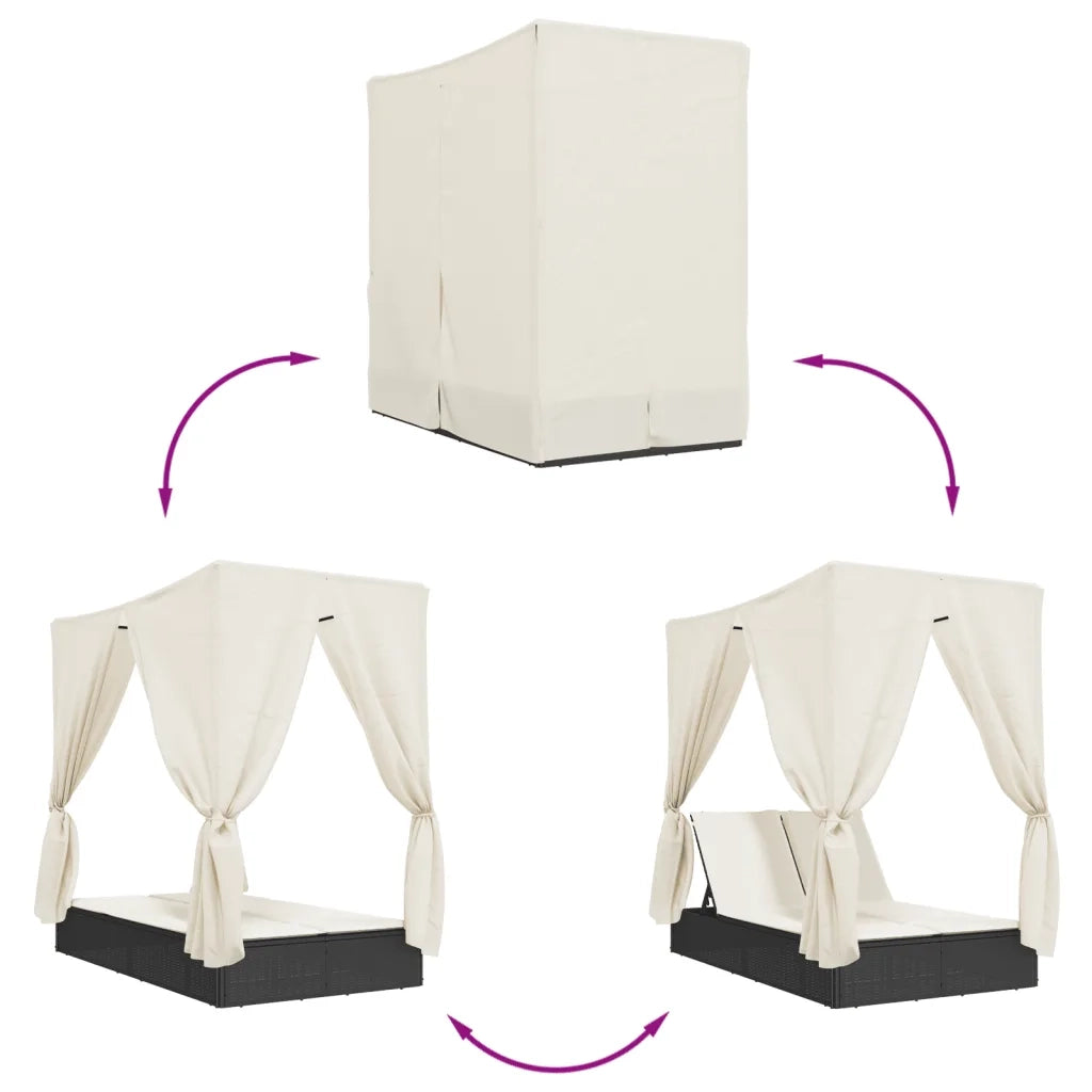 Lettino Prendisole con Tetto e Tende Nero in Polyrattan 368072