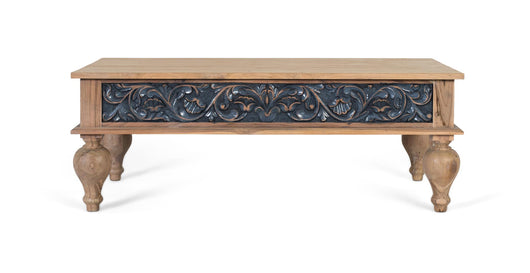 Tavolino da caffè in teak intagliato a mano bicolore naturale e blu