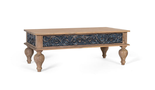 Tavolino da caffè in teak intagliato a mano bicolore naturale e blu