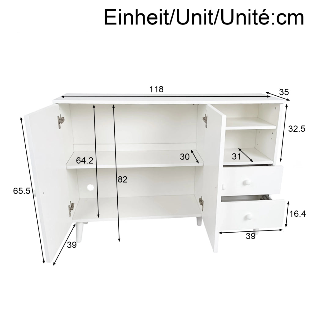 Credenza sideboard bianca con ante curve, 2 cassetti, vani a giorno e gambe in legno