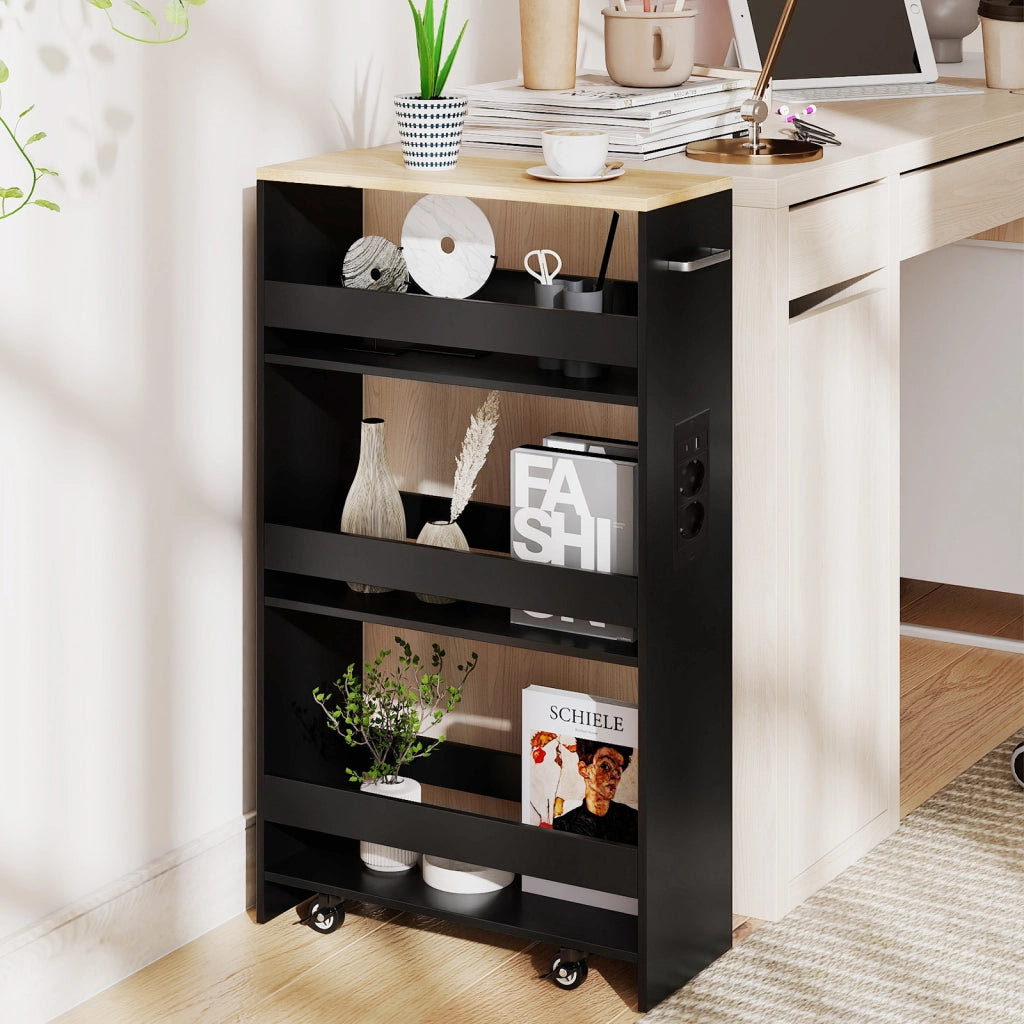 Carrello da cucina 4 ripiani con stazione di ricarica maniglia e parapetti-Scaffale stretto a sfilo con ruote bloccabili per cucina  Nero  20cm