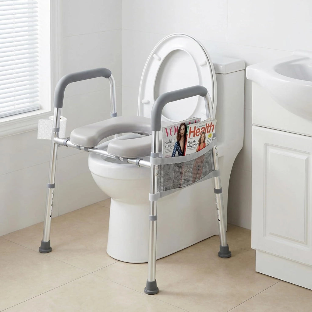 Ringhiera di Sicurezza WC, Barra Bagno con Braccioli Imbottiti, Portacarta Igienica e Tasca Portaoggetti, Altezza Regolabile in 5 Posizioni, Rialzo WC per Anziani, Donne Incinte e Pazienti