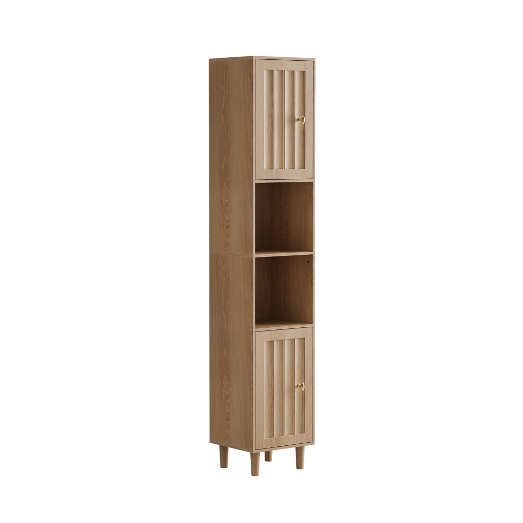 Mobile alto da bagno in stile Mid-Century, con ante a doppia porta e ripiani aperti, 32 x 30 x 169 cm, finitura effetto rovere