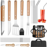 Set di accessori per griglia in acciaio inossidabile, 18 pezzi. Accessori per barbecue, set di utensili per griglia, attrezzatura per griglia, regalo per uomini con tasca portatile per giardino e campeggio, maniglia di legno giallo.
