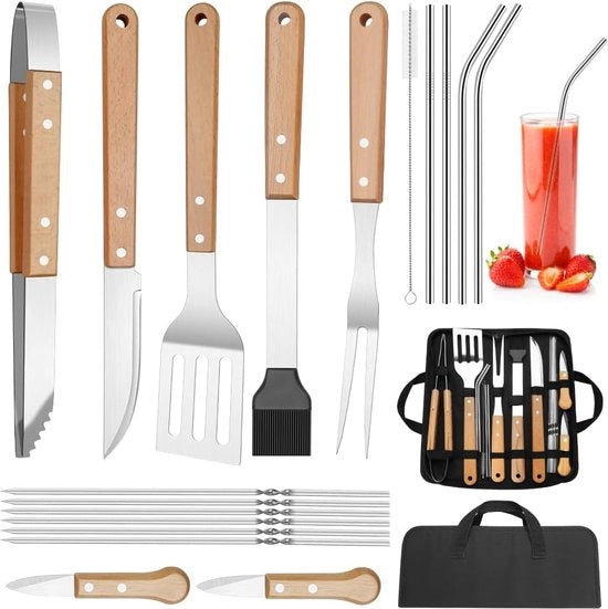 Set di accessori per griglia in acciaio inossidabile, 18 pezzi. Accessori per barbecue, set di utensili per griglia, attrezzatura per griglia, regalo per uomini con tasca portatile per giardino e campeggio, maniglia di legno giallo.