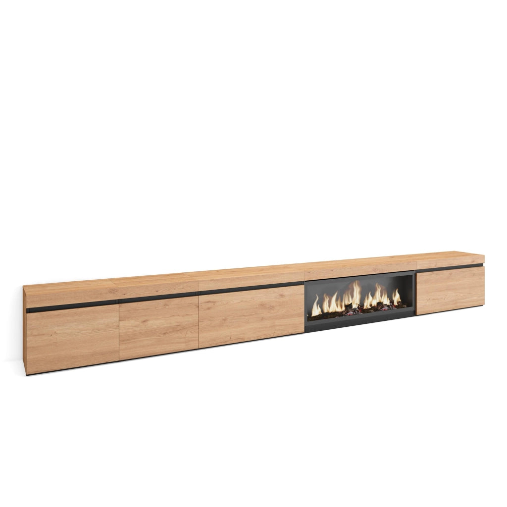 Mobile TV Soggiorno, 368x35x45, Camino elettrico XXL, colore Rovere RF3694
