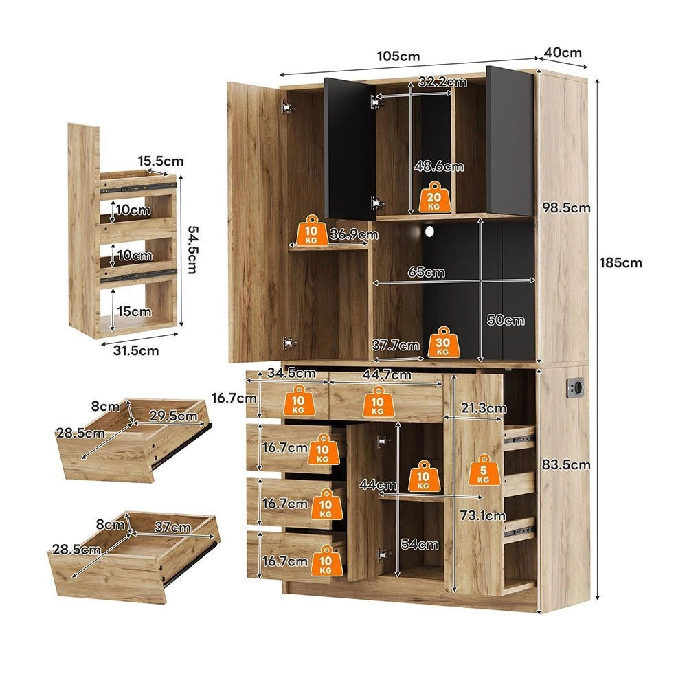 Armadio da cucina alto - Xylo - 185x105x40cm - Ripiano spezie scorrevole, illuminazione LED