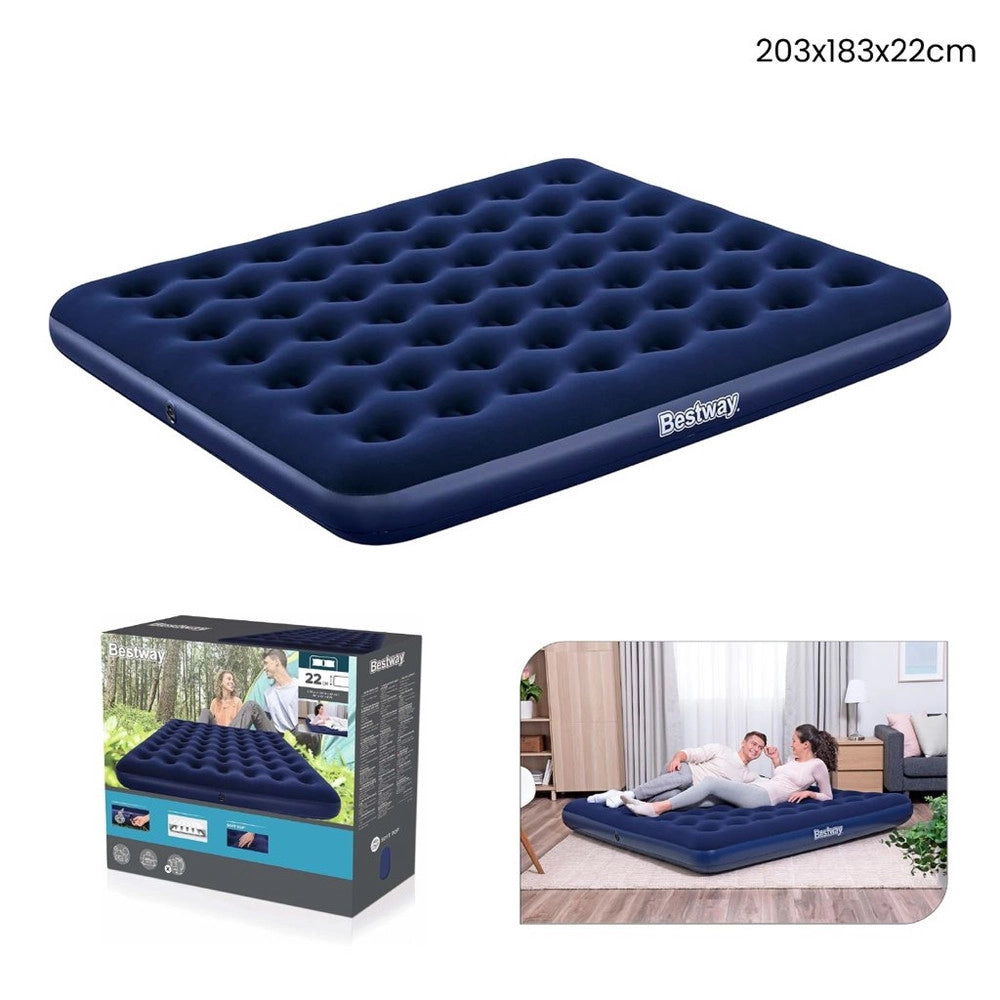 Trade Shop - Materasso Matrimoniale Gonfiabile Campeggio Blu Floccato 2 Piazze E Mezzo 203x183x22cm 67004 -