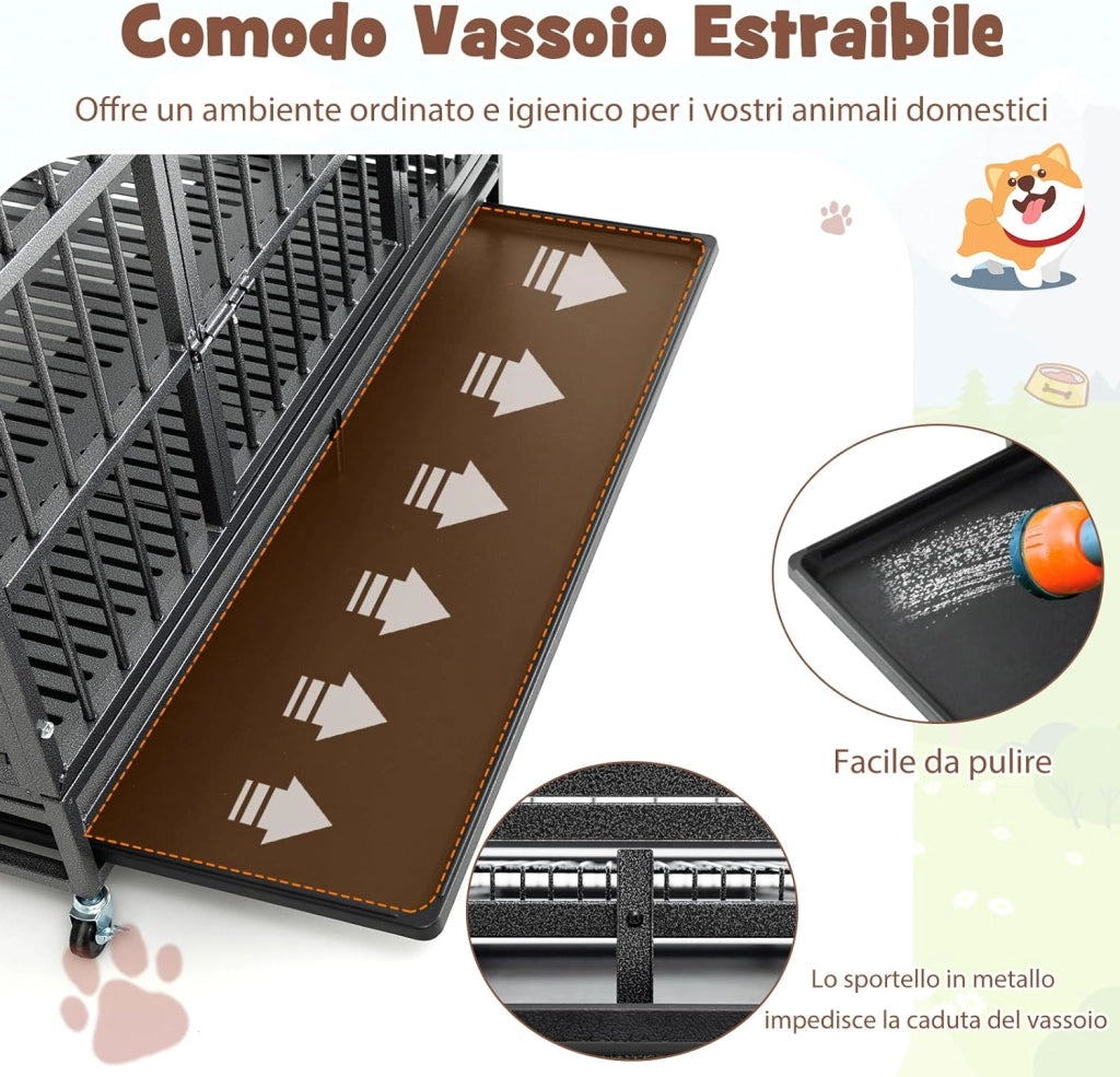 Gabbia per Cani in Metallo Pieghevole, Gabbia per Cani Anti-masticazione con Ruote, Vassoio Rimovibile e 2 Porte, Gabbia da Interno ed Esterno per Cani Media e Grande (120 x 76 x 90 cm)
