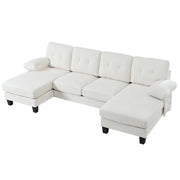 Divano a U per 4 persone in tessuto ciniglia beige con doppia chaise longue e cuscini comodi