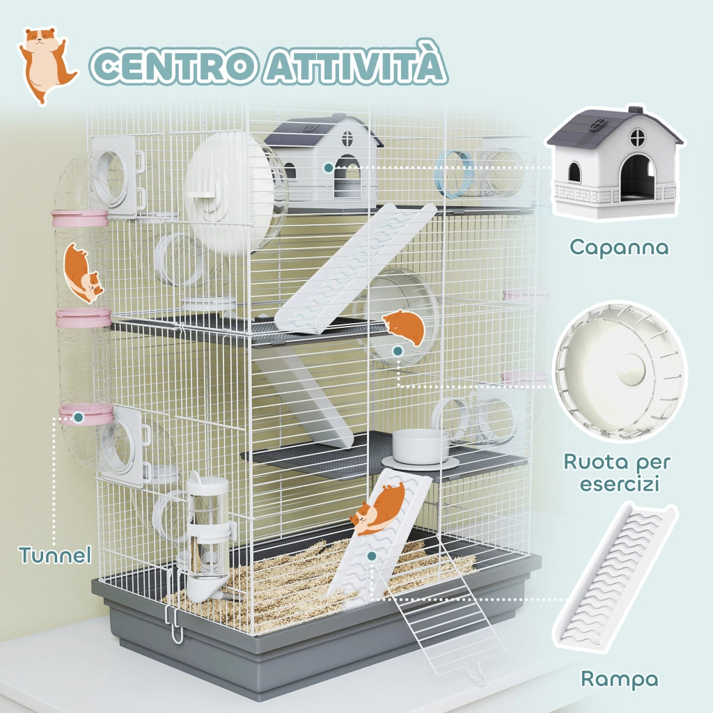 Gabbia per Criceti a 4 Livelli 47x30x70 cm e 16 Tubi con Casetta Rampa e Accessori in Metallo e Plastica Grigio