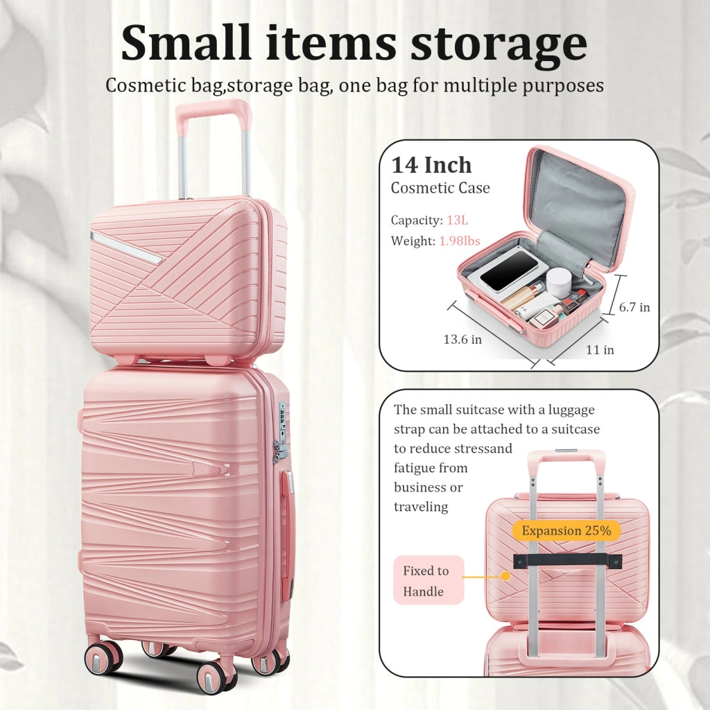 Set di valigie rigide in PP composto da 4 pezzi (20/24/28 pollici), con beauty case da 14", ruote rimovibili per risparmiare spazio e lucchetto a