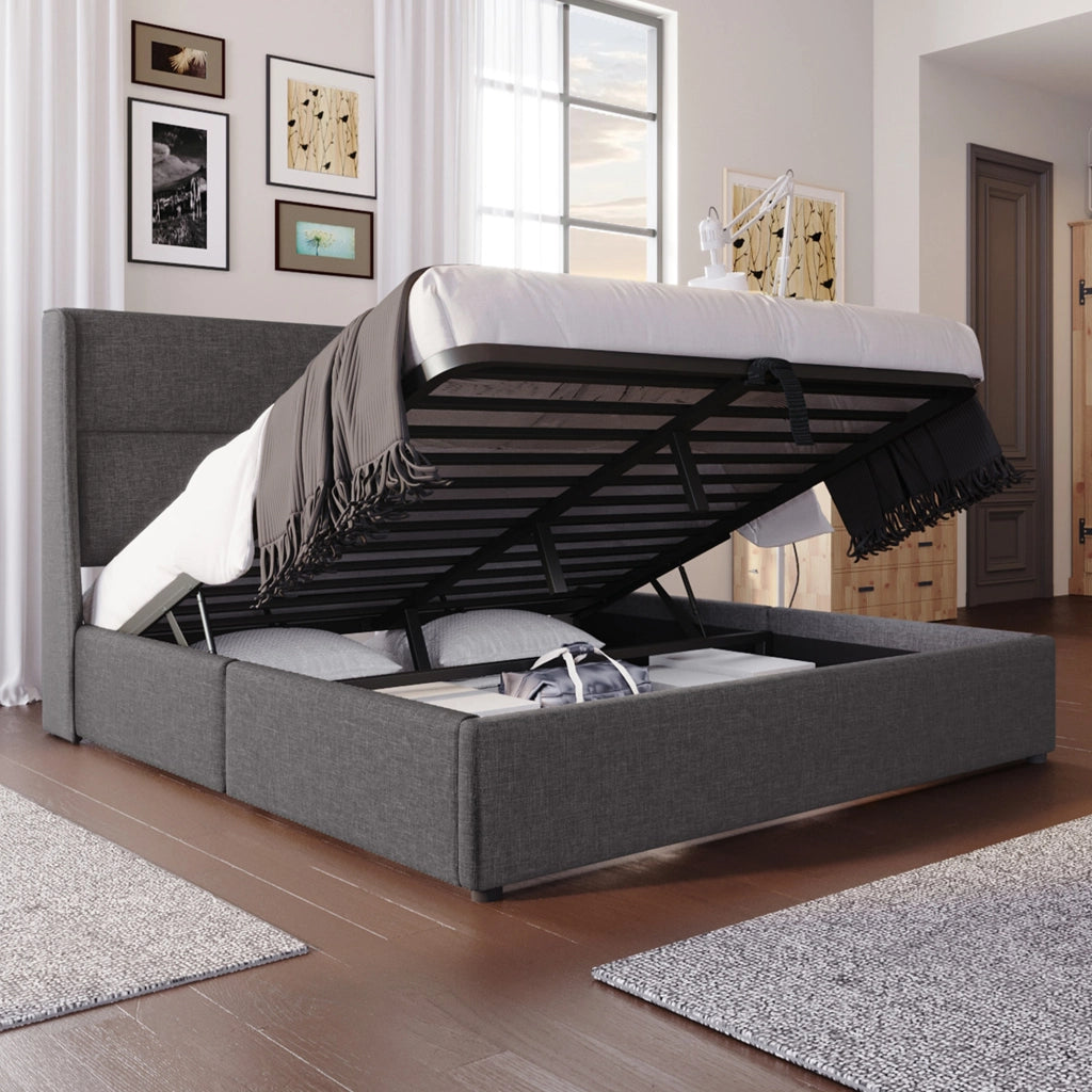 Letto in lino grigio 160x200 poggiatesta regolabile vano idraulico doghe metalliche