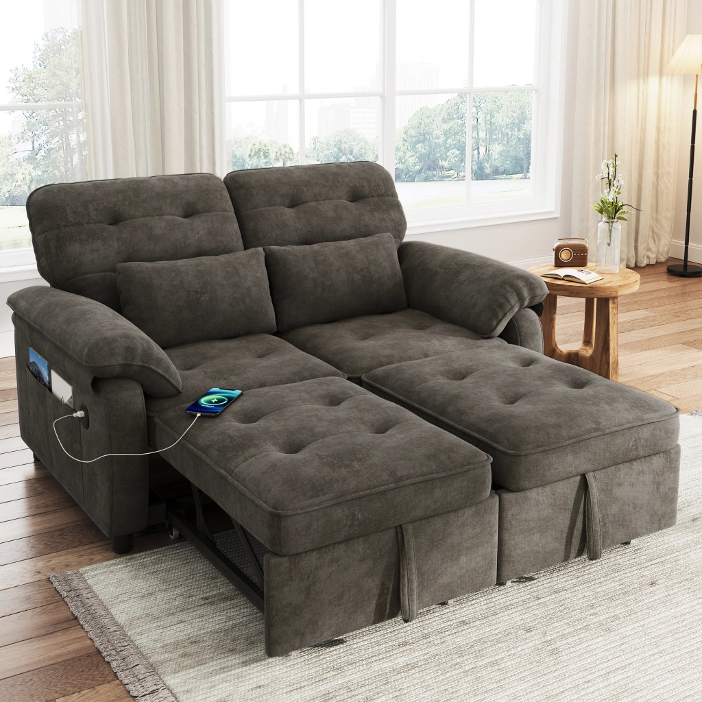 Divano letto 3 in 1 2 posti con schienale reclinabile e porte USB/Type-C; chenille grigio