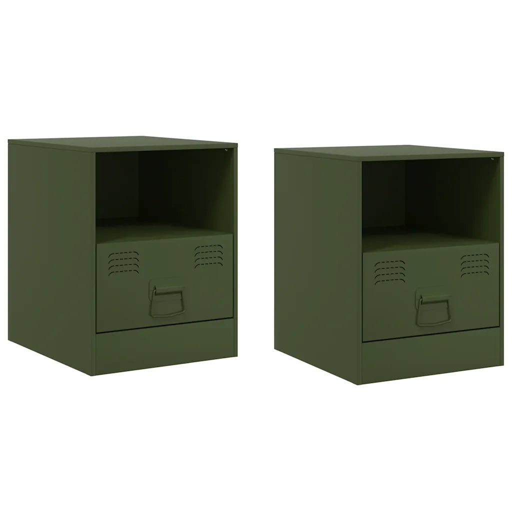 Set di 2 Comodini | Armadio da Notte | Mobiletto da notte Verde Oliva 34,5x39x44 cm in Acciaio