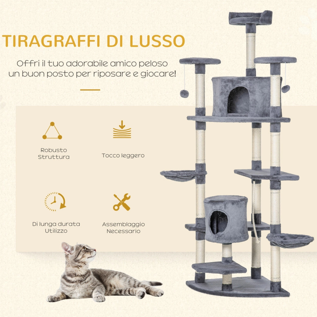 EasyComfort Albero Tiragraffi per Gatti Alto con Casette e Amache, 60x60x200cm, Grigio Chiaro