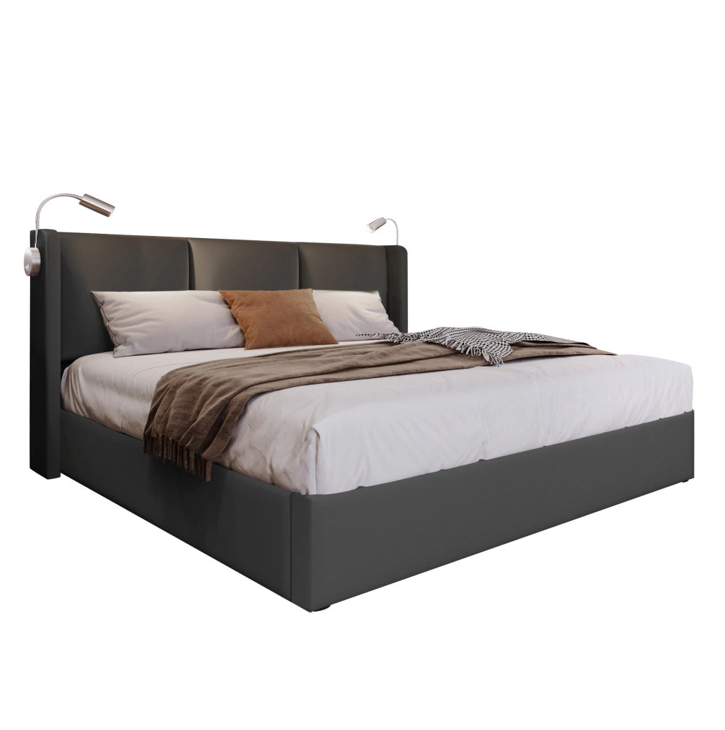 Letto matrimoniale 160x200 cm in PU grigio con contenitore; luce lettura e porta USB