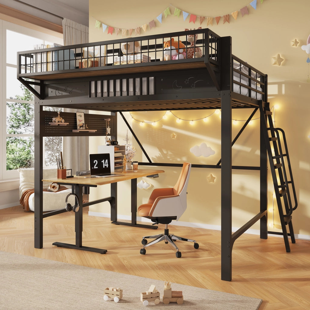 Letto a soppalco 140x200 cm per 2 persone, letto alto con ripiani portaoggetti e spazio aperto sottostante, metallo nero