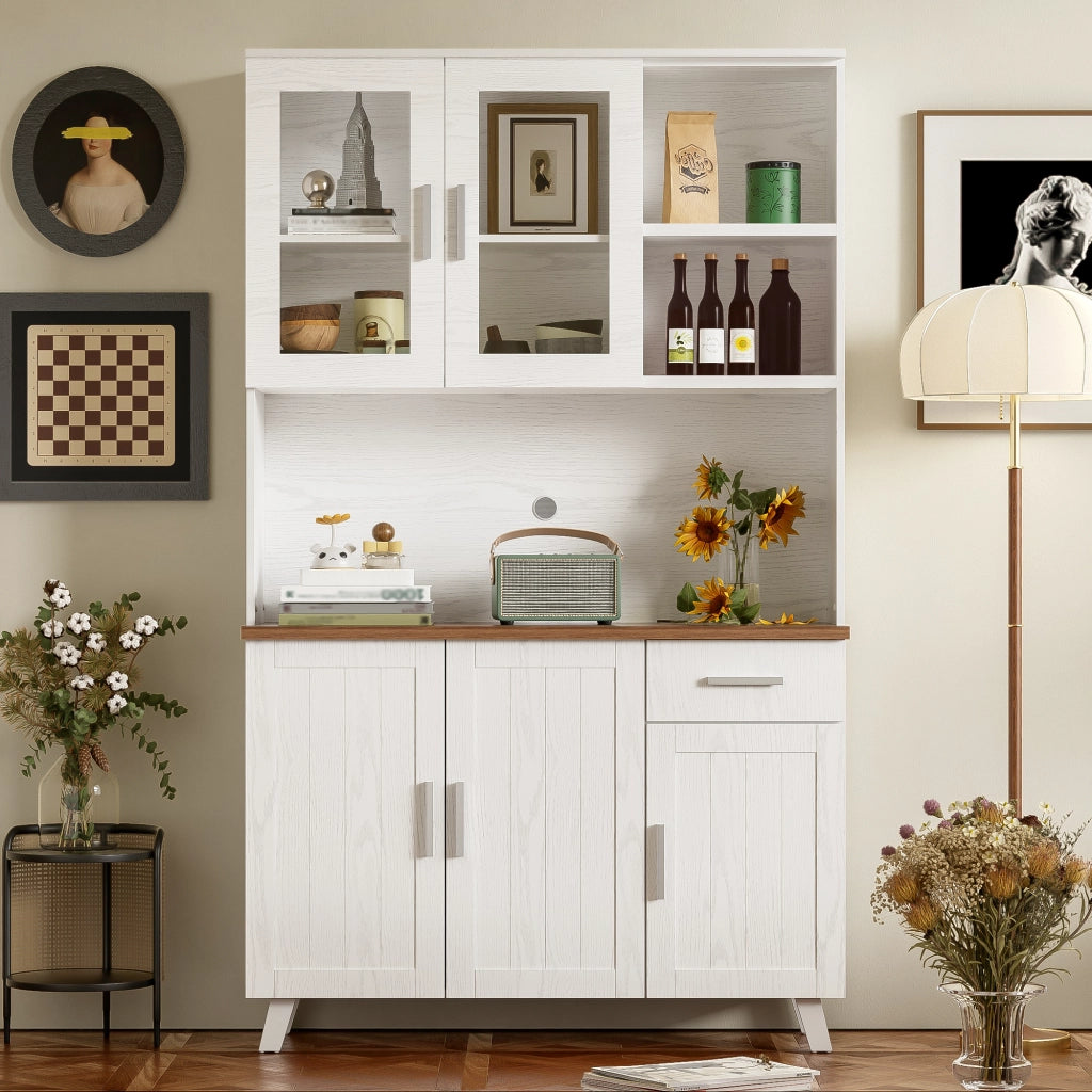 Credenza con 5 Ante 1 Cassetto 2 Vani Aperti e Ante in Vetro per Soggiorno in Pannello 114 x 40 x 190 cm Bianco e Marrone