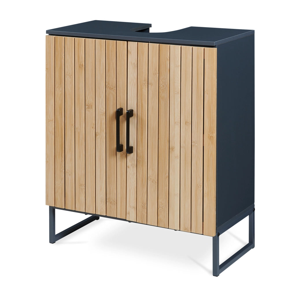 Mobile Sottolavabo Svanes a 2 Ante in Bambù e 3 Scomparti Chiusi 70 x 60 x 30 cm - Grigio Scuro/Naturale [en.casa]