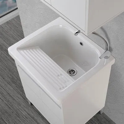 Mobile lavatoio 60x50 cm linea Way bianco lucido con vasca e strofinatoio
