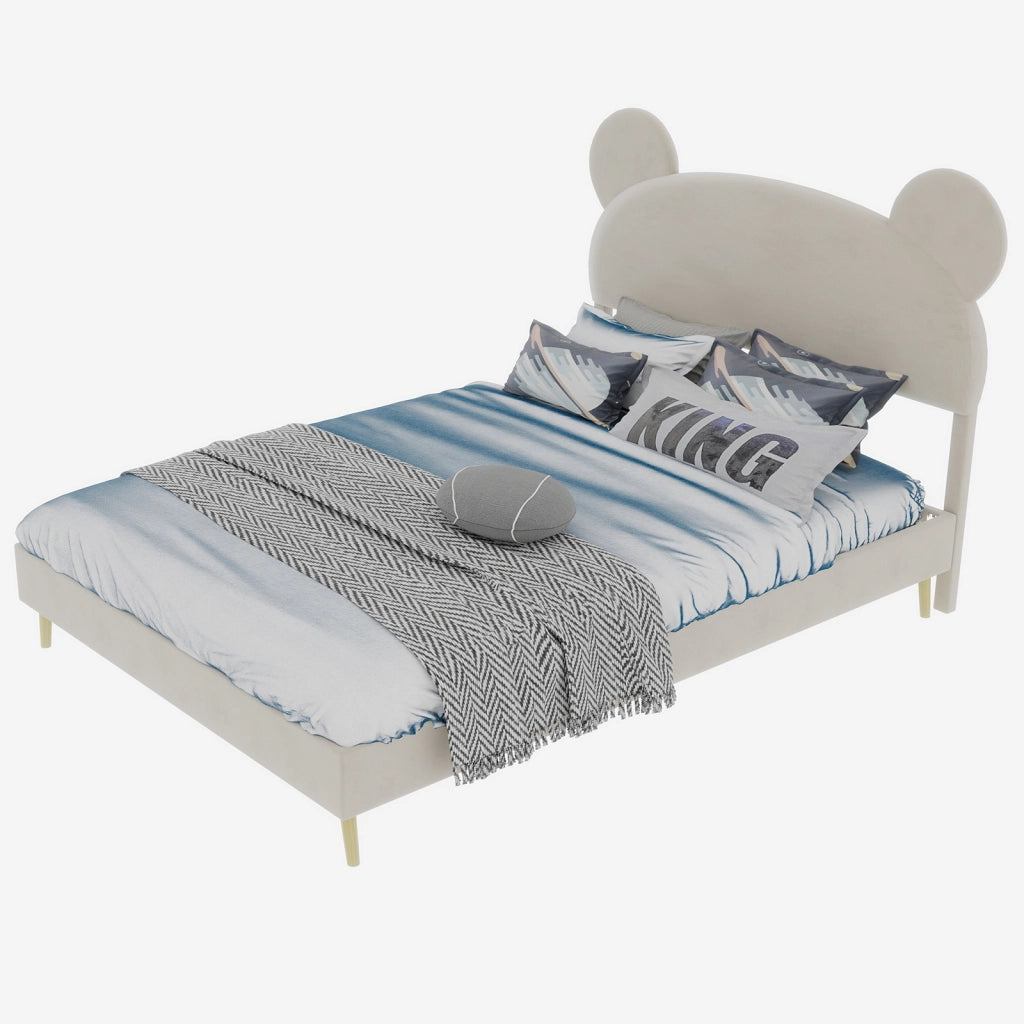 Letto per Bambini Singolo 140x200 cm; con Testiera Imbottita in Tessuto e Metallo; Beige