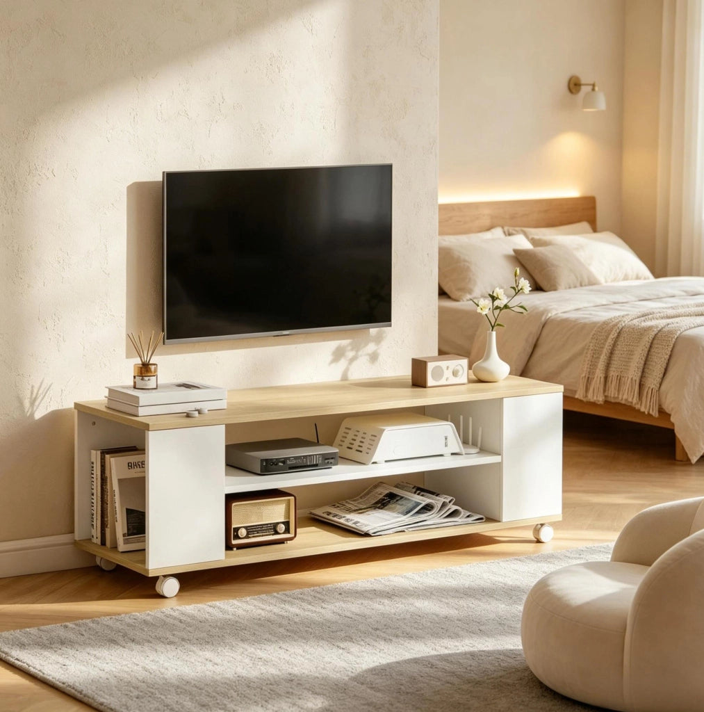 Mobile TV con ruote o montaggio a parete, 120 cm, bianco/naturale