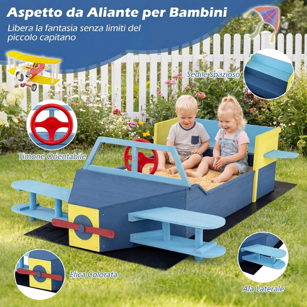 COSYWAY Sabbiera per Bambini in Legno, Gioco da Spiaggia a Forma di Aliante con Panca, Elica, Timone e Alette, Sabbiera da Esterno con Fodera Inferiore per Spiaggia e Cortile, 18 Mesi+, 180x100x50 cm