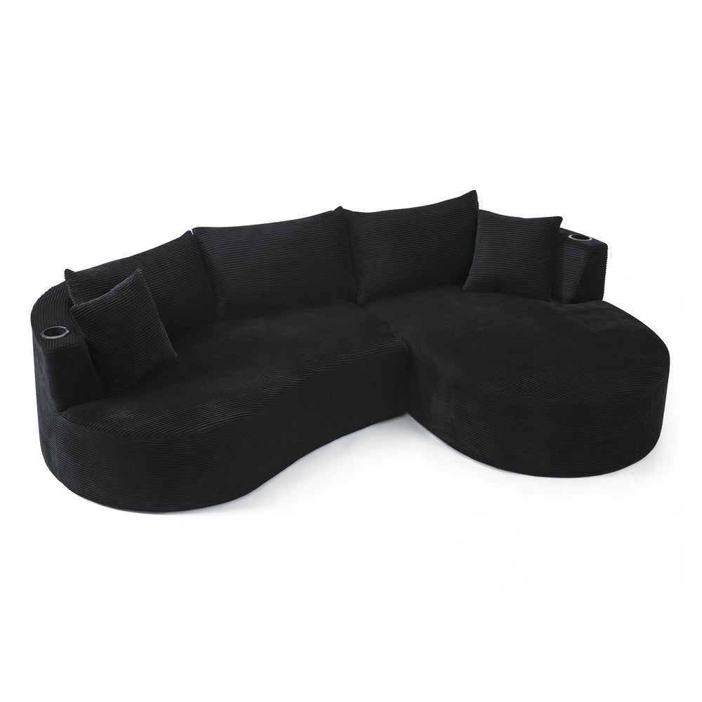 Divano Angolare 3 Posti con Chaise Longue, Velluto a Coste, Cuscini e Portabicchieri ¨C Xylo ¨C Nero
