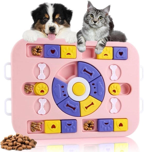Giocattolo per cani alimentatore a ritmo lento con funzionalità interattiva e coperchio anti-schizzo per tutti gli animali domestici (rosa)