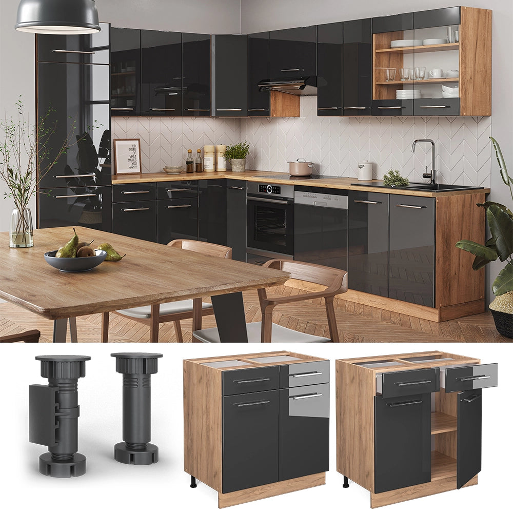 Mobiletto base per cucina Fame-Line Antracite lucido/Rovere dorato 80 cm, PL Antracite Vicco