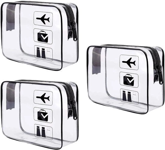 Pacchetto di 3 borse da bagno trasparenti, sacchetto liquido per l'uso in aereo, borsa cosmetica trasparente in PVC, borsa da trucco impermeabile per la valigia a mano per uomini e donne, accessori da viaggio, borse da bagno (A)