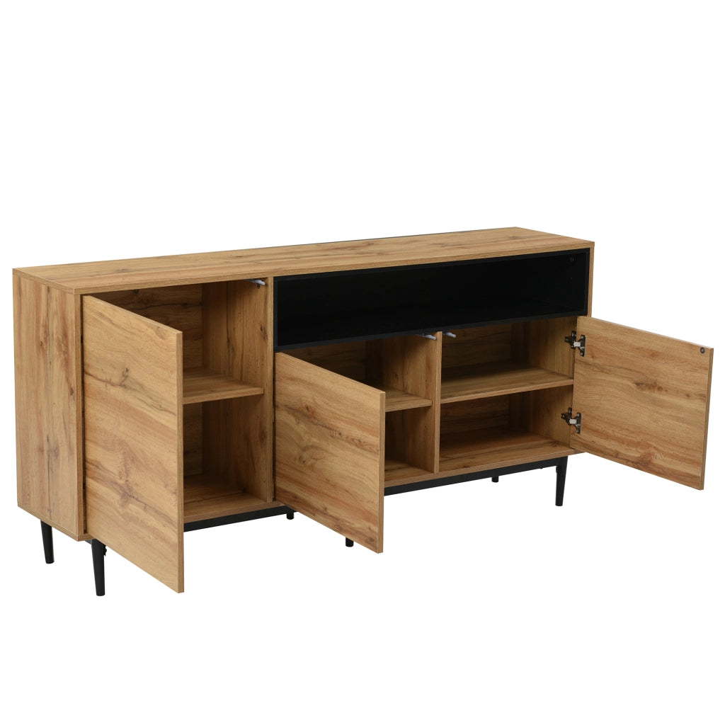 Credenza con 3 Ante e Ripiani Regolabili; Stile Moderno; in MDF; Nero e Legno; 160??35??76 cm