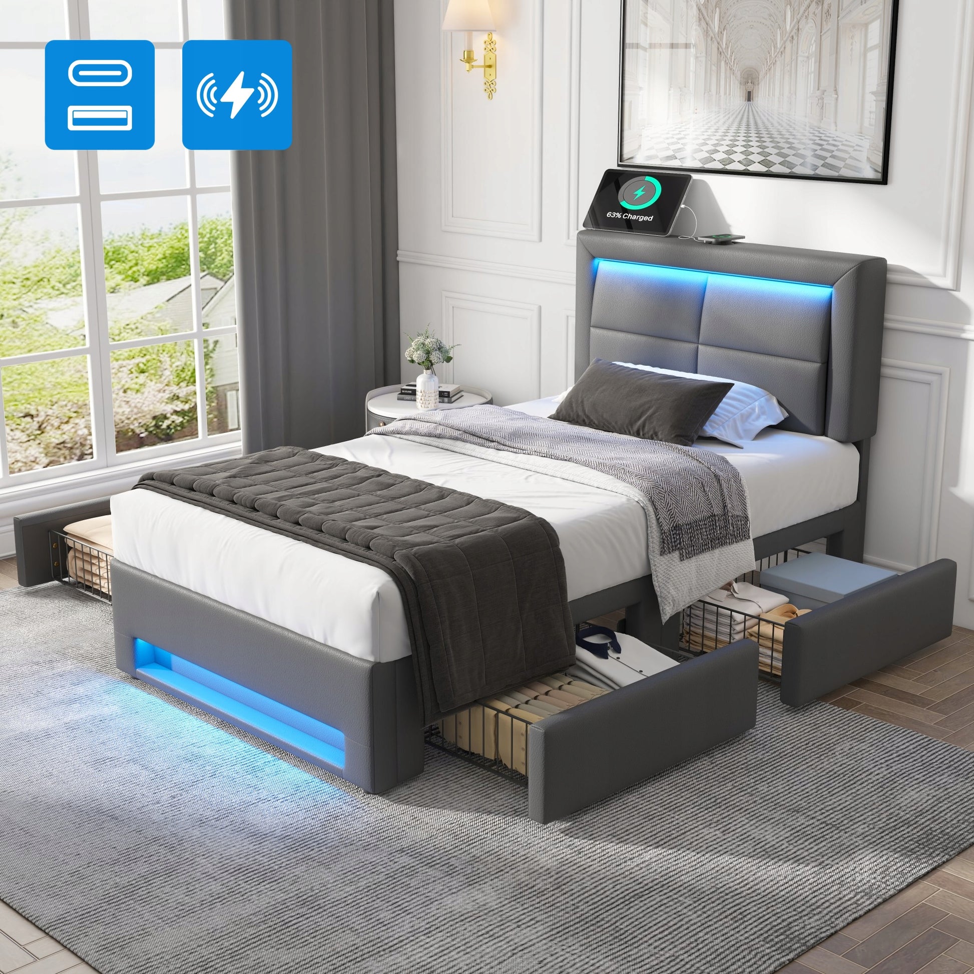 Letto singolo 90x200cm - Xylo - LED, Pelle Ecologica, Nero