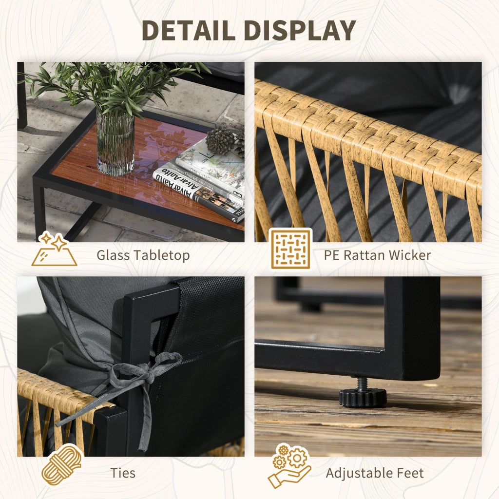 Set Salotto da Giardino Divano 2 Poltrone e Tavolino in Acciaio Poliestere e Rattan Grigio e Marrone