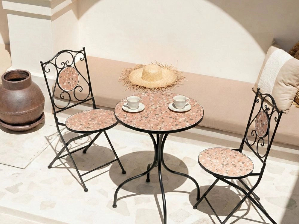 Set da giardino per esterni in metallo nero con struttura in ferro e piano effetto terrazzo stile vintage per esterni