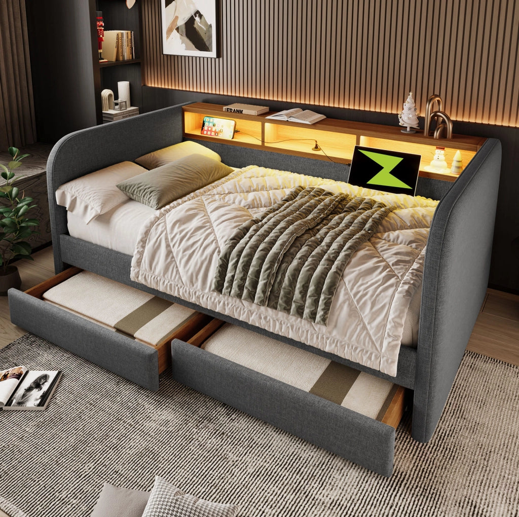 Letto imbottito 140x190 cm con LED, USB-C, 2 cassetti e rivestimento in lino grigio