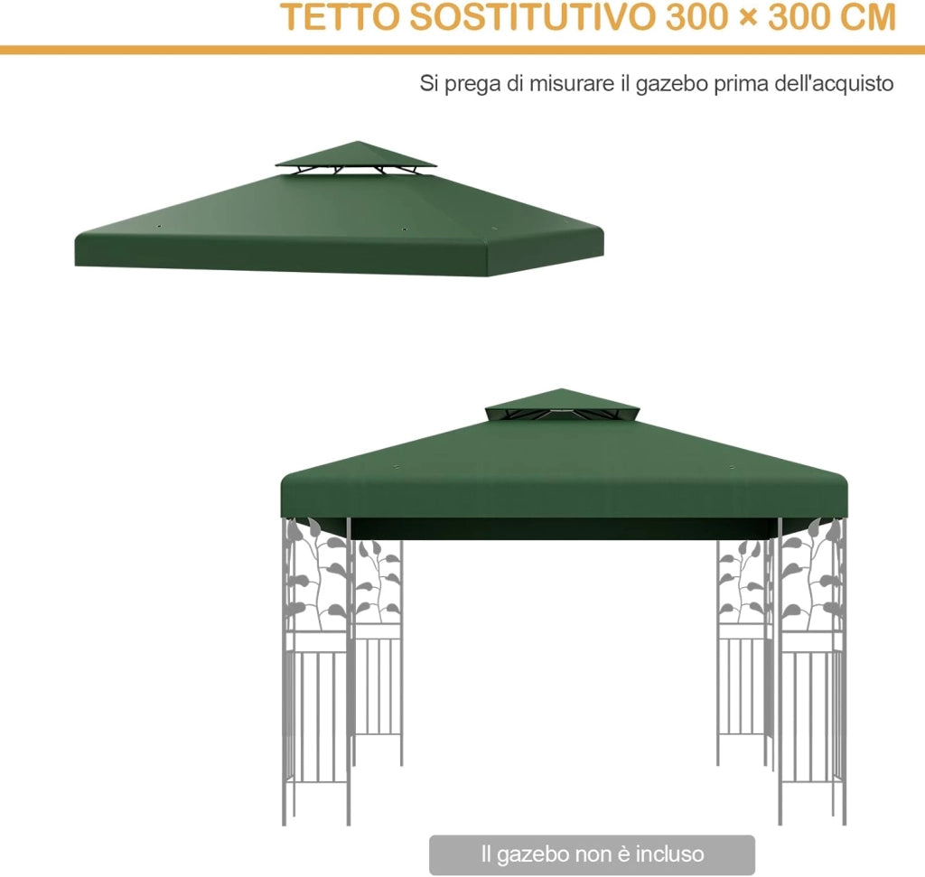 Tettoia di Ricambio per Gazebo da 3 x 3 m, Doppio Strato Superiore, Copertura per Gazebo da Giardino con Gancio e Chiusura a Strappo (Verde scuro)