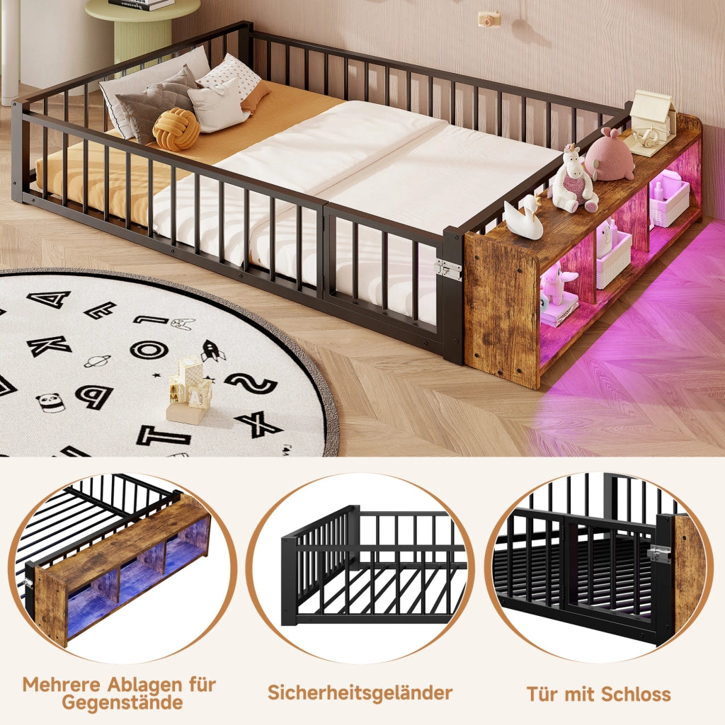 Letto per bambini in metallo 140x200 cm con LED e vano, nero
