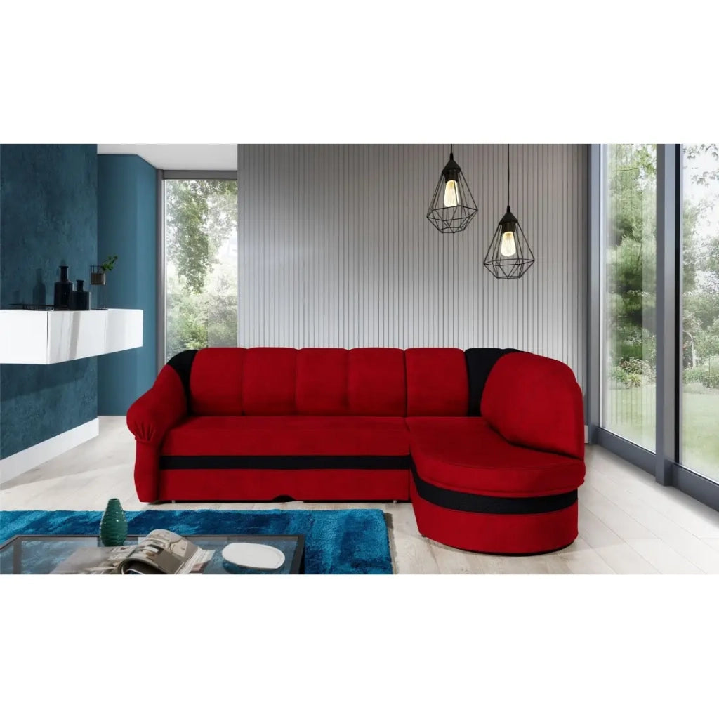 Divano angolare destro convertibile BENANA 250 cm rosso e nero con vano contenitore