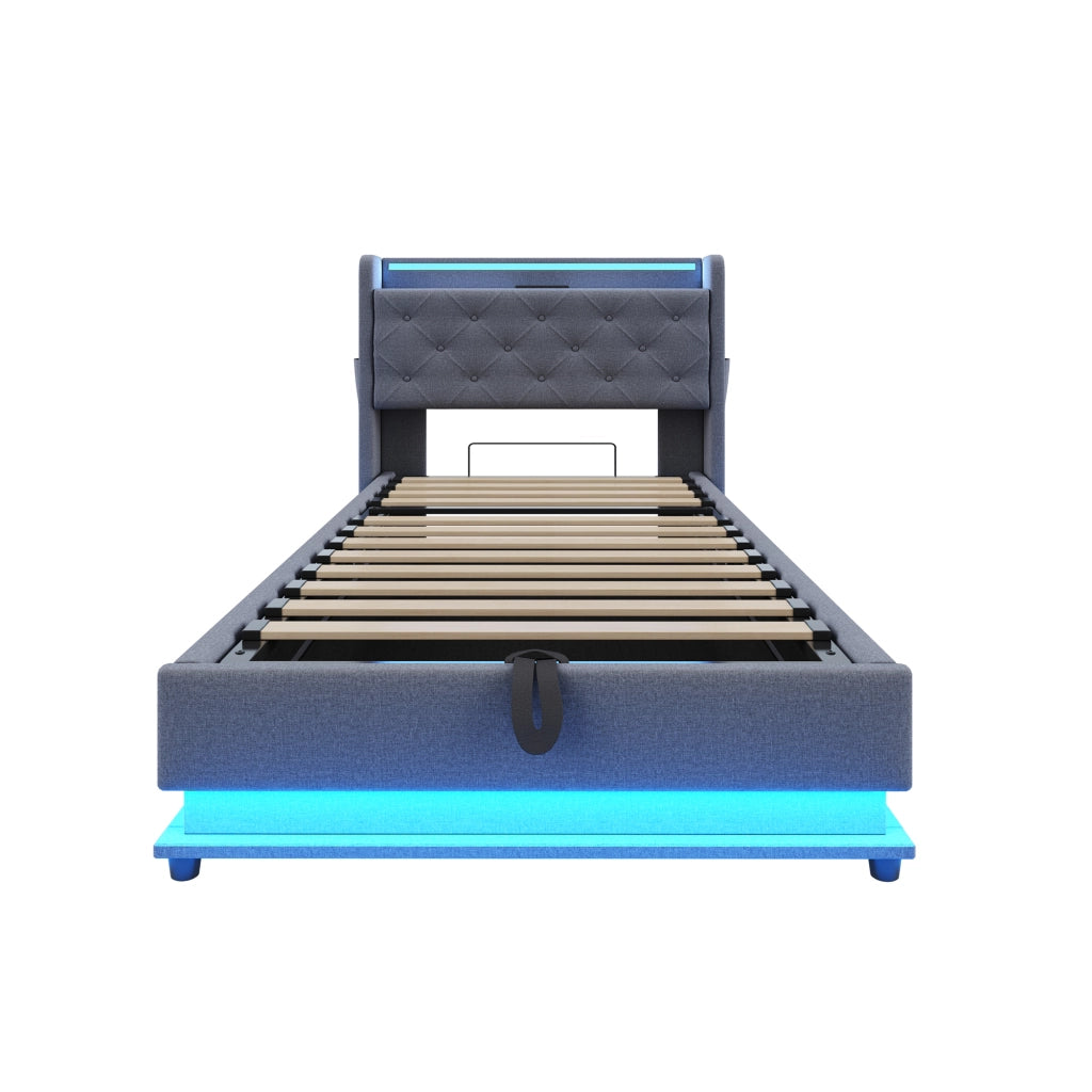 Letto bambino 90×200 cm con contenitore idraulico; LED; 3 USB e Type-C; senza materasso; grigio