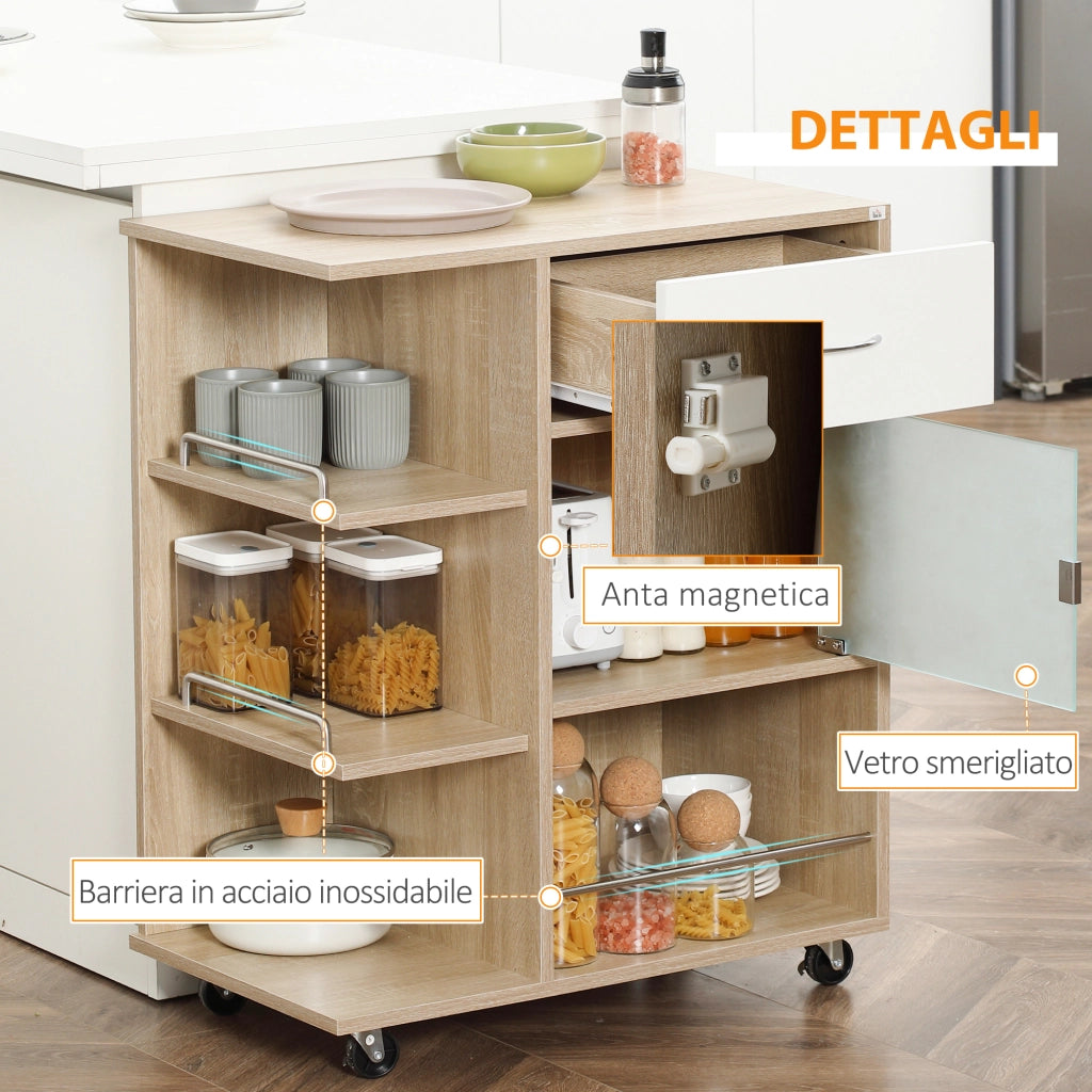 Carrello da Cucina Portavivande con Cassetto, Ripiani e Armadietto in Legno, Acciaio e Vetro, 65x39x80cm