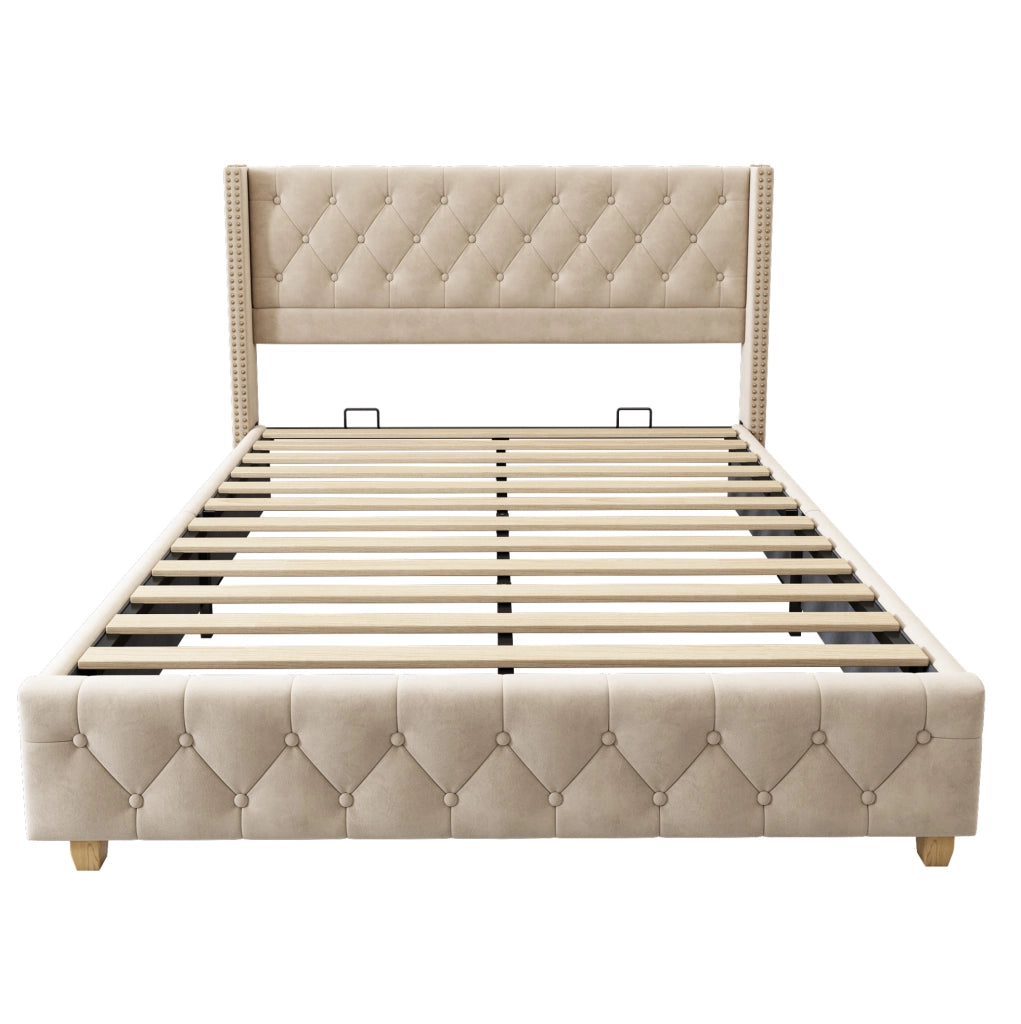 Letto imbottito 160x200 cm capitonn茅; velluto; beige chiaro (Senza materasso)