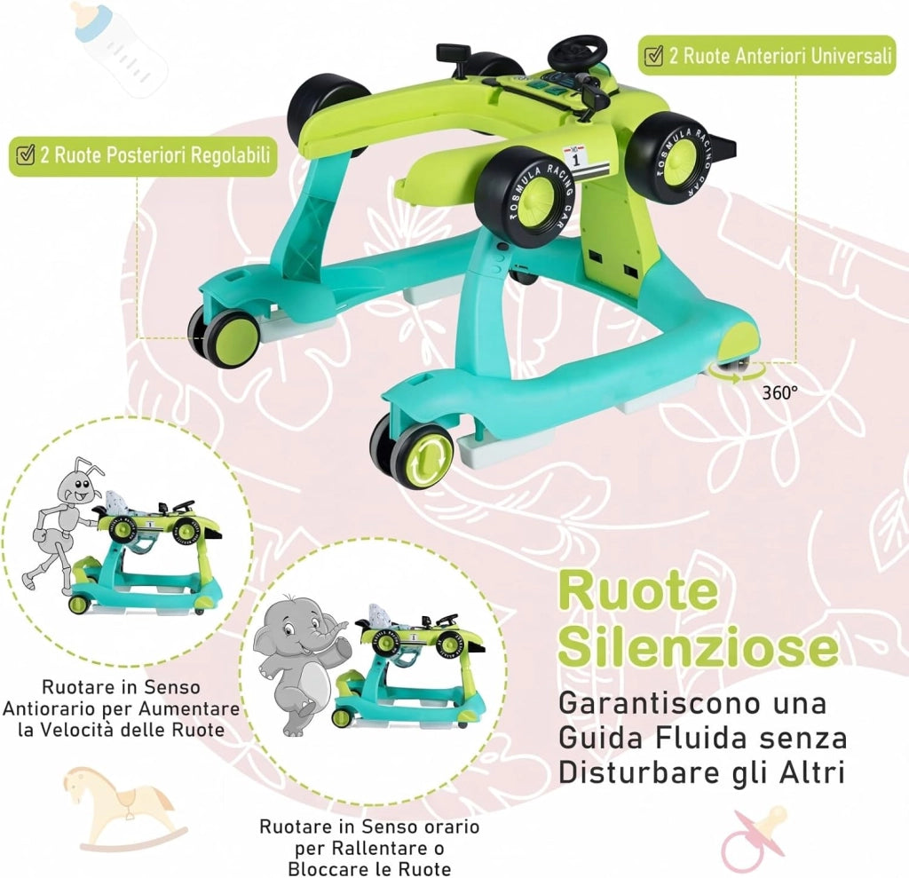 Girello per Bambini 4 in 1, Girello Pieghevole con Altezza e Velocità Regolabili, Carillon con Luci, Volante, Primi Passi per Bambini 6-18 Mesi, Portata 12 kg (Verde)