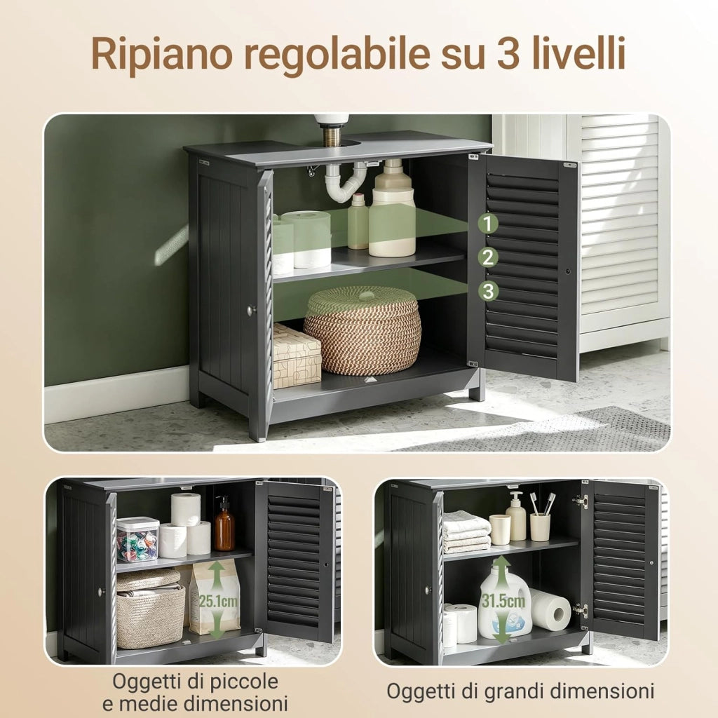 Mobile Bagno Sottolavabo - Mobiletto Bagno Salvaspazio con Mensole Regolabili, Mobile Lavabo in MDF, Antimuffa con Porta a Lamelle, per lavabo a muro, Grigio Scuro, 60x58x35cm, FRG237-DG